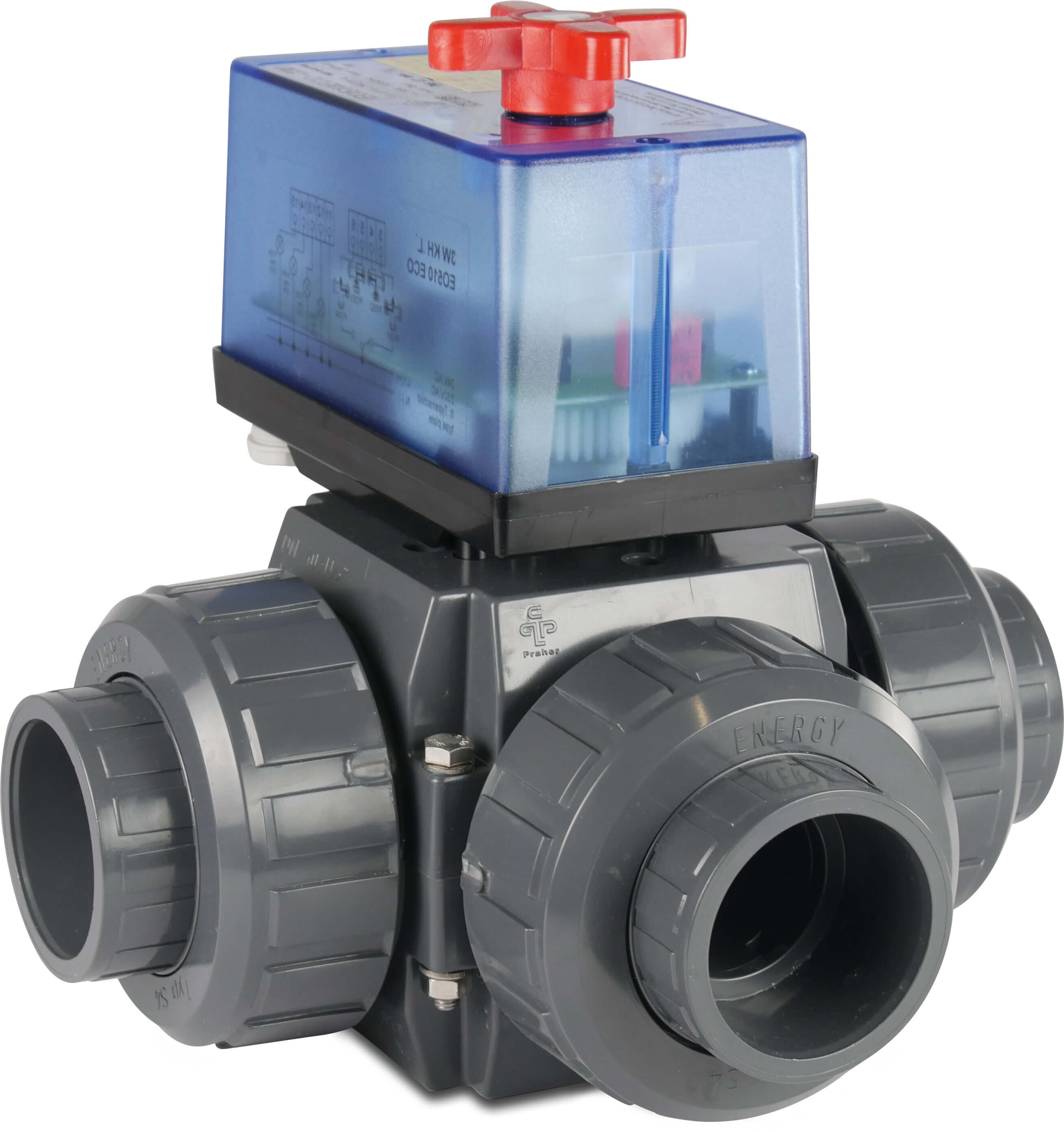 Praher 3-Wege-Kugelhahn L-Bohrung PVC-U 40 mm Klebemuffe 3bar DN32 24VAC Grau Typ L-Bohrung Seitlich